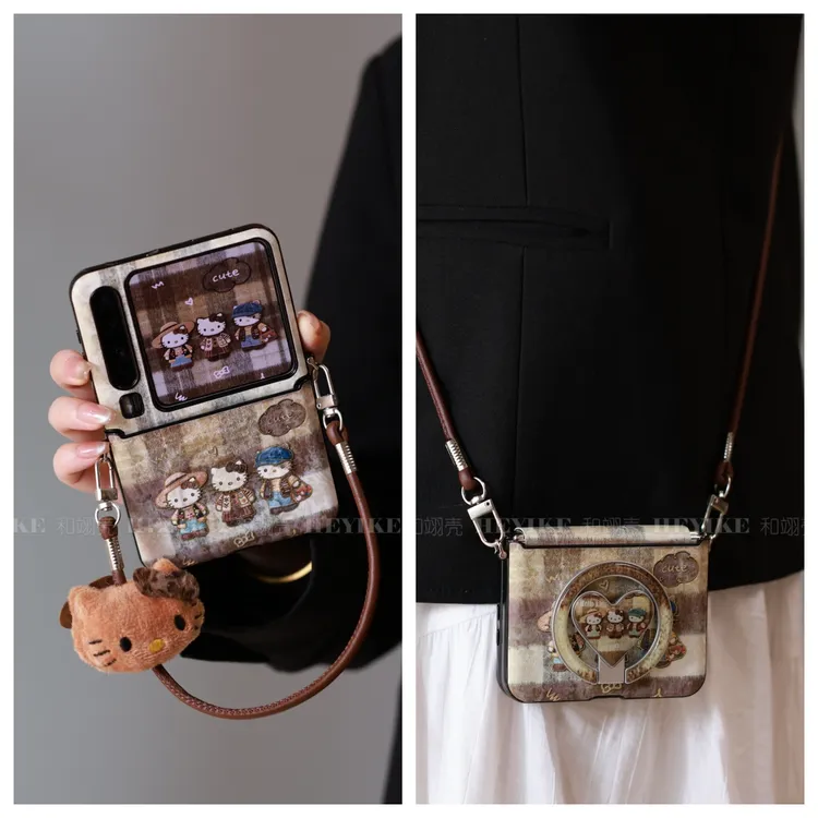 复古英伦KT猫适用华为purax手机壳典藏版小米mixflip2斜挎pocket2