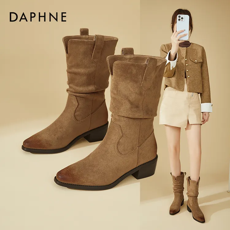 Daphne/达芙妮美拉德擦色堆堆靴女复古短靴时尚粗跟瘦瘦靴时装靴