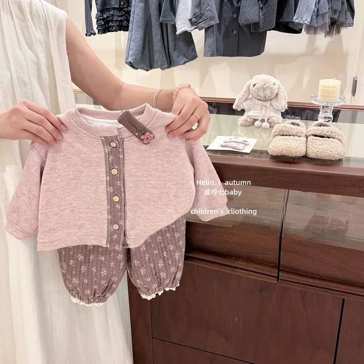 女童秋季套装秋女宝宝洋气复古碎花卫衣外套休闲裤两件套潮