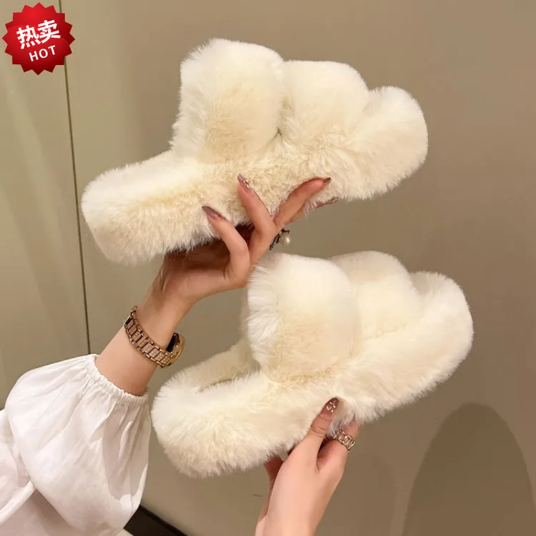 镂空秋冬新款韩版厚底毛毛拖鞋女时尚外穿毛绒网红室内外懒人一字