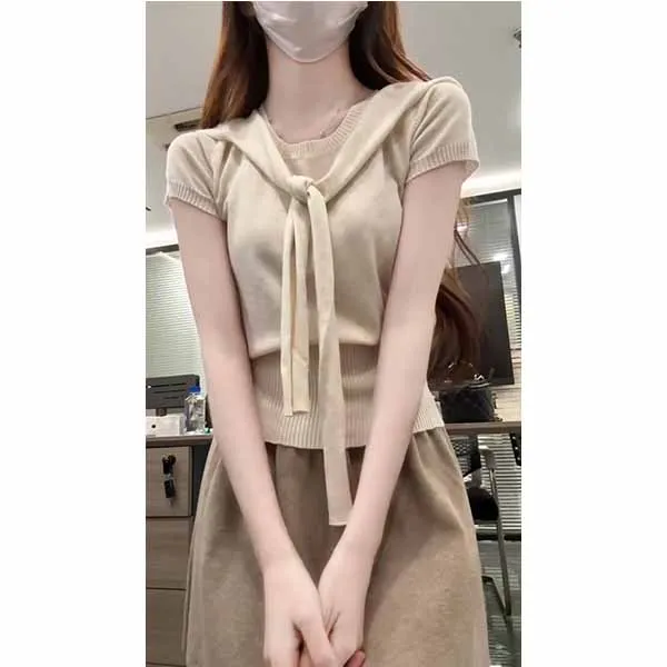 韩系温柔风披肩短袖针织衫T恤女夏季显瘦百搭圆领上衣短裙套装