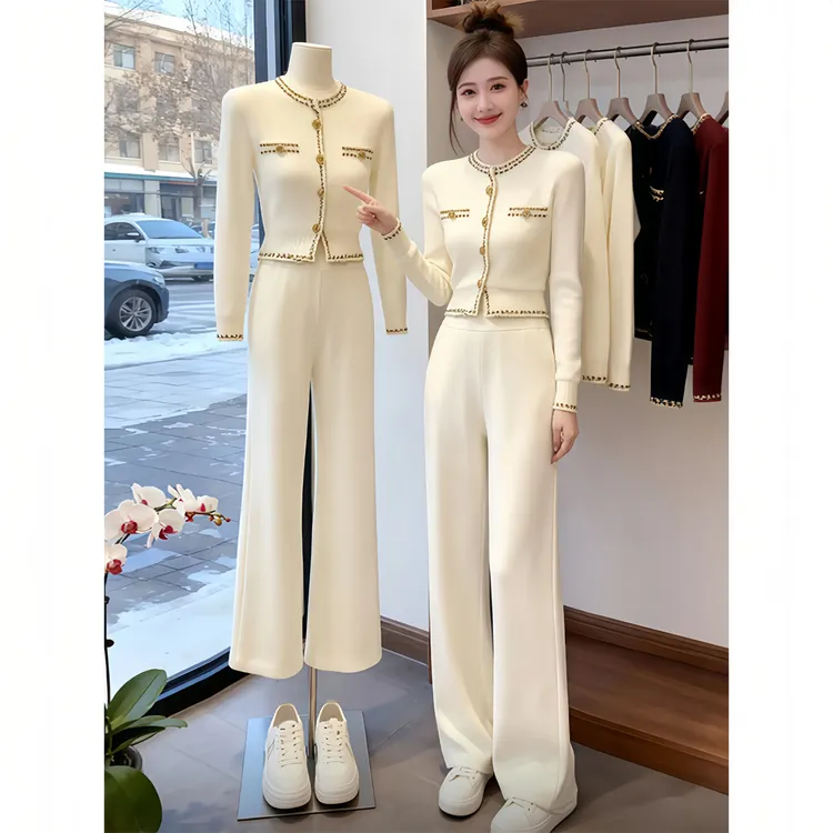 霖优【白蔷薇诗篇】冬季大方得体气质小香风针织上衣裤子时尚套装女