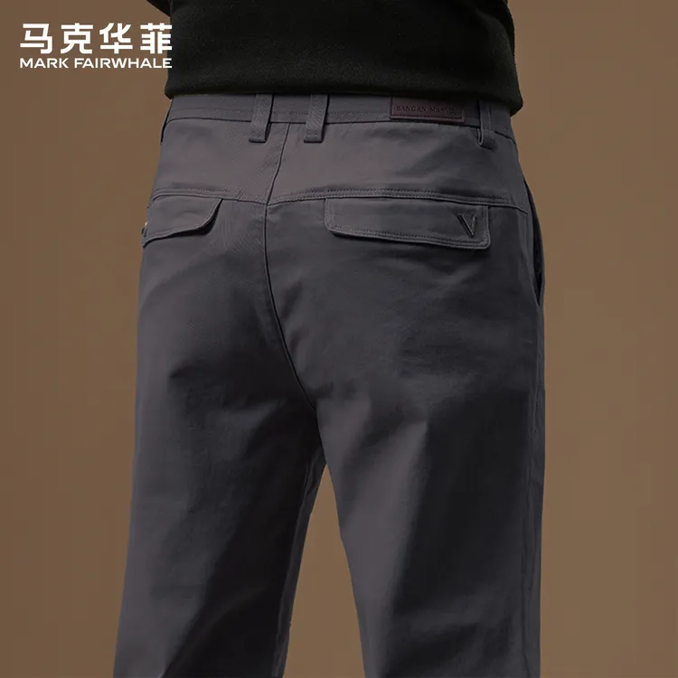 马克华菲秋冬季新款休闲裤男士修身直筒商务西裤男深灰色加绒长裤