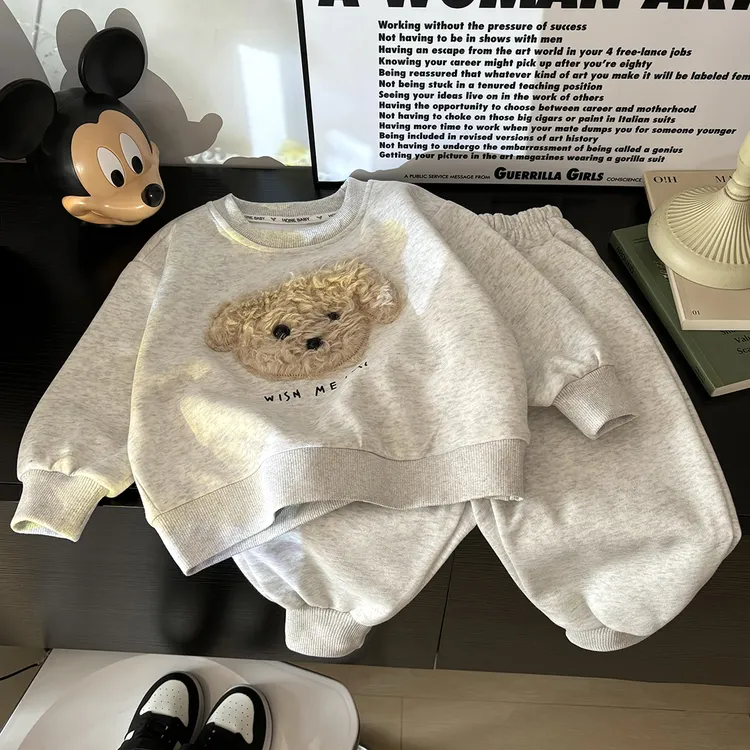 【萌趣泰迪】儿童秋季花灰色卫衣套装立体公仔绣花俩件套韩版男