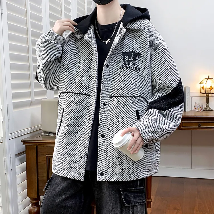 秋季可拆卸男港风连帽男夹克宽松格子帅气韩版潮流痞帅休闲男士