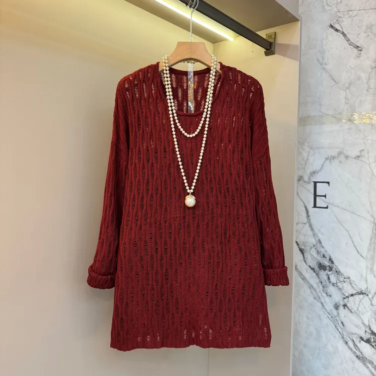 新款韩版宽松圆领长袖镂空设计感大码女装百搭上衣休闲时尚7711