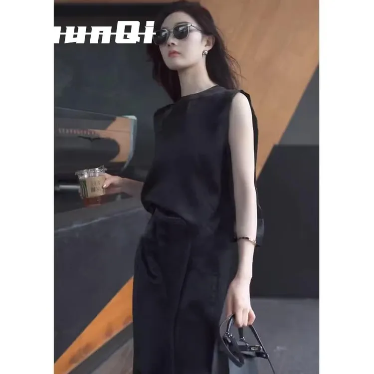 淳启夏季气场强大套装气质女神范小个子黑色无袖上衣阔腿裤两件套