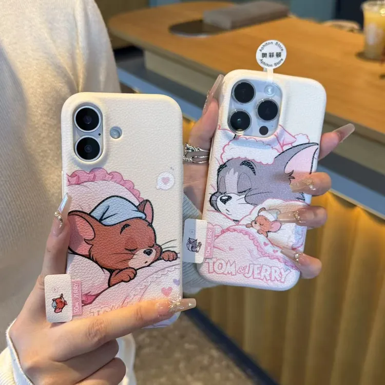 奥菲顿睡梦猫和老鼠标签适用苹果16皮纹手机壳小米17vivo华为oppo