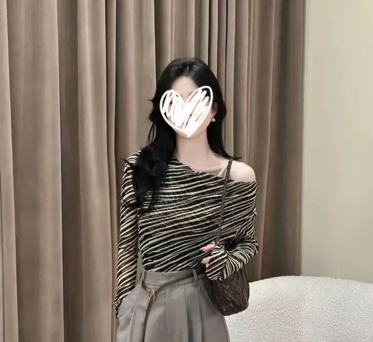 设计感斑马纹长袖T恤女2025秋季新款打底衫上衣