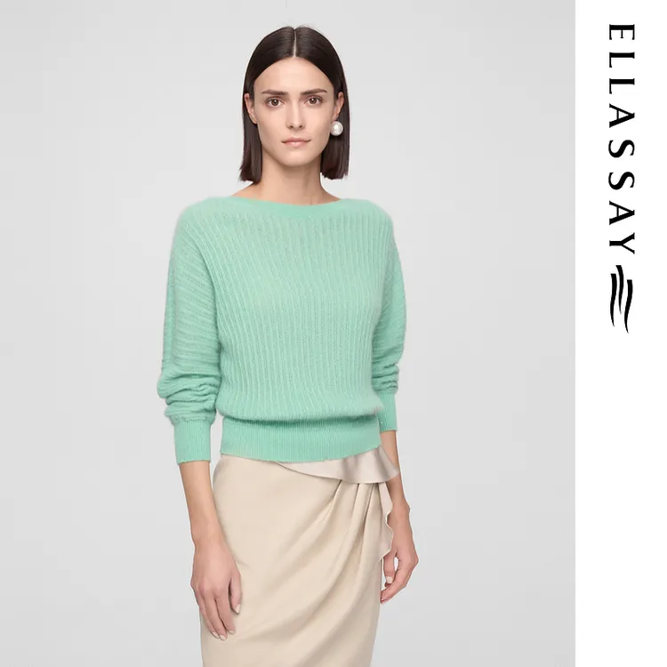 ELLASSAY歌力思早春新款坑条肌理一字领收腰针织衫女EWF361M00700