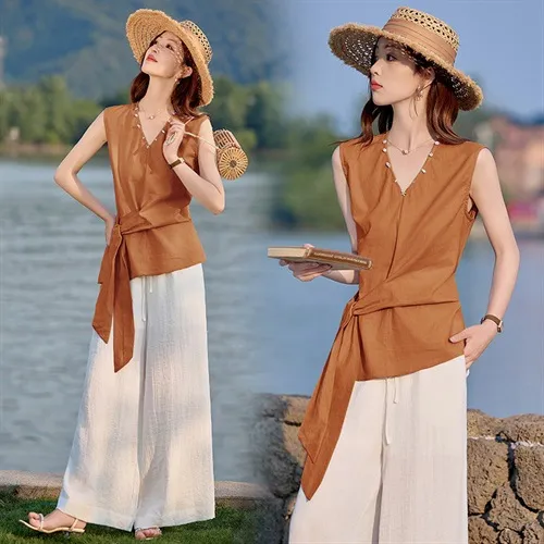 复古女装套装夏季时尚洋气休闲宽松显瘦高腰减龄上衣气质阔腿裤子