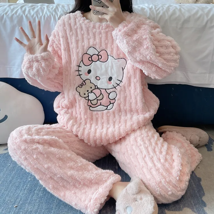 卡通猫珊瑚绒睡衣女2025冬季新款加绒加厚家居服冬季保暖长袖套装