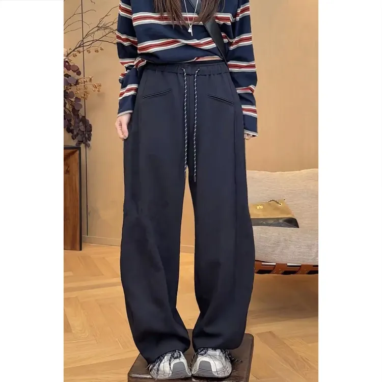 艾塔莉早秋新款高腰阔腿裤抽绳松紧腰休闲裤时尚秋季百搭拖地长裤