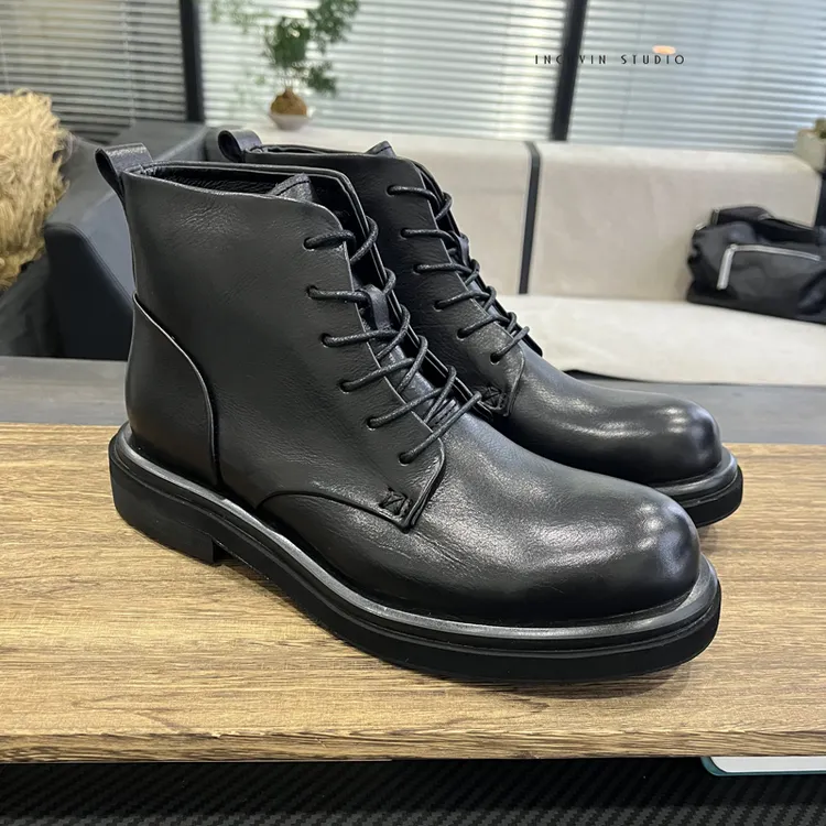 北欧风 手工马皮沿条厚软底男士高帮休闲皮鞋 男切尔西靴马丁靴