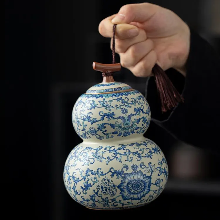 青花汝窑葫芦茶叶罐高档陶瓷中式密封储存罐绿茶白茶普洱茶防潮罐