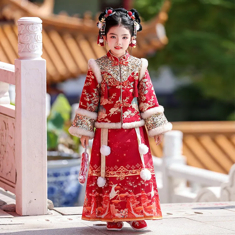 汉服女童冬季新款儿童小女孩红色过年唐装拜年服套装新年衣服裙子