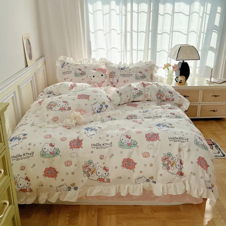 纯棉卡通全棉学生宿舍床单床笠三件套四件套花边被套HelloKitty