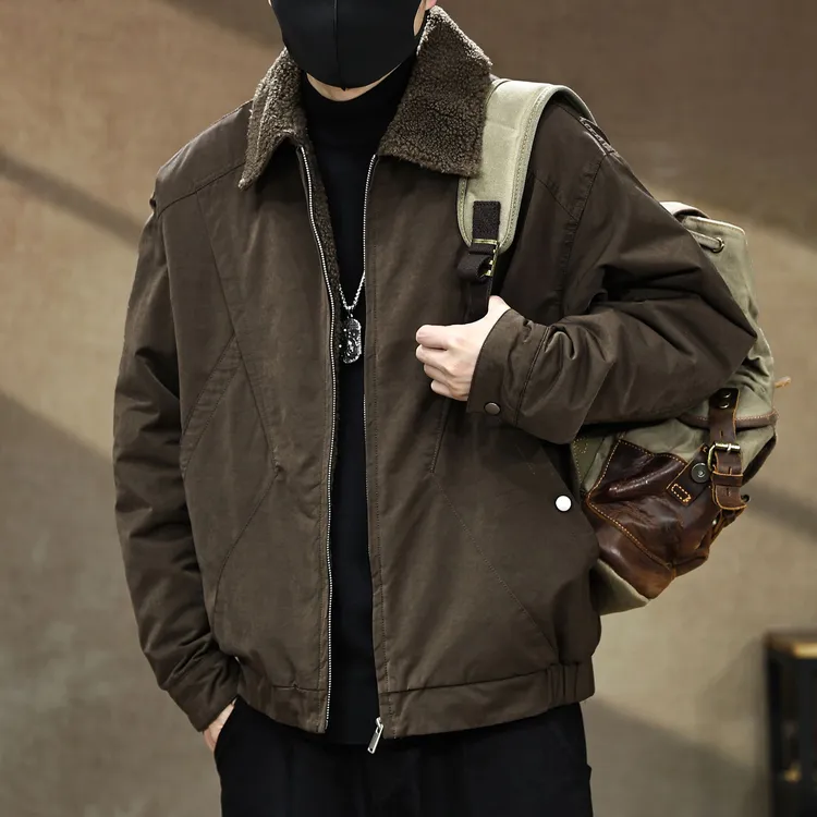 冬季保暖美式羊羔绒翻领棉服男加厚高端复古休闲工装夹克棉衣外套