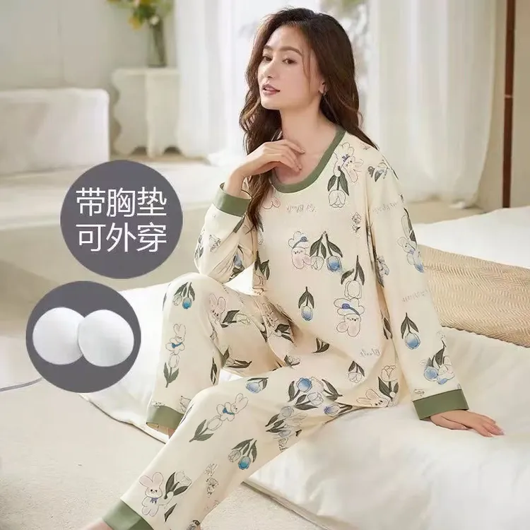 带胸垫睡衣ins新款外穿居家保暖秋冬不起球女长袖睡衣家居服套装