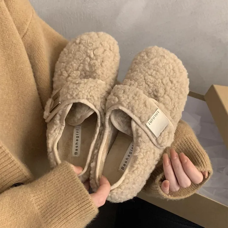 【香港轻奢Sakurano&樱央】平底魔术贴一脚蹬羊羔毛毛鞋子女秋冬季