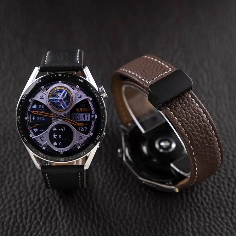 适用华为手表GT5新款磁吸扣watch4pro头层牛皮GT32荔枝纹BUDS表带