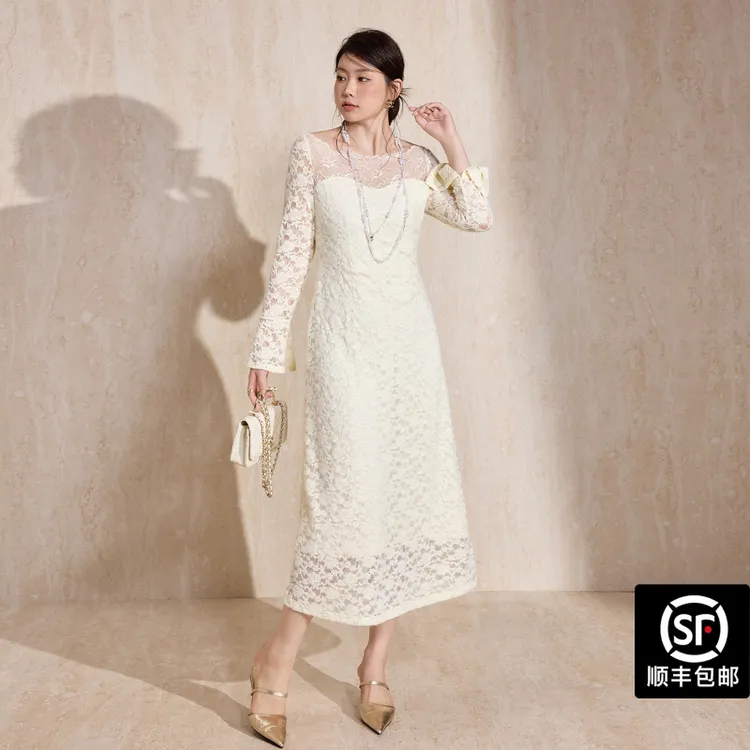 蓝语大码女装高级优雅一字肩蕾丝连衣裙2025秋季新款气质显瘦裙子