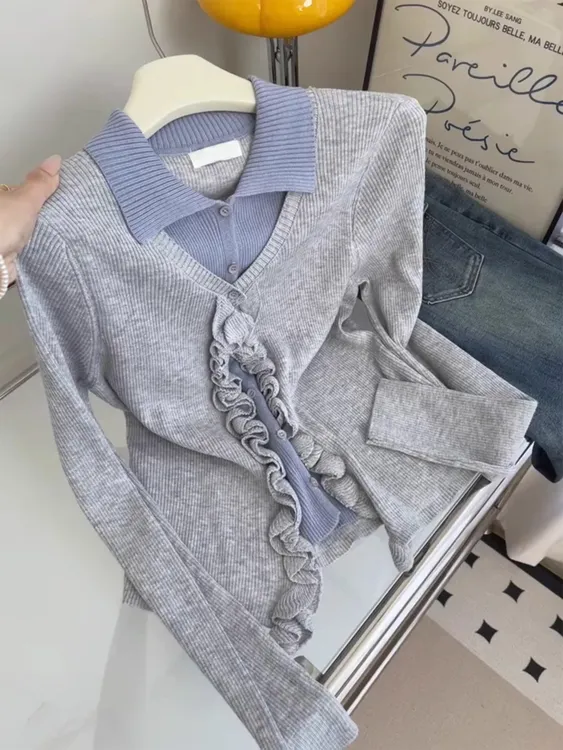学院风复古假两件木耳边拼接针织衫女早秋季辣妹收腰显瘦长袖上衣