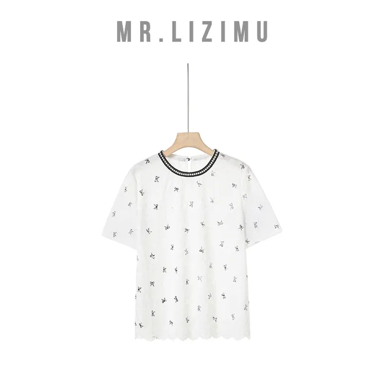 李子木先生时尚洋气刺绣钉珠圆领短袖小衫2025爆款「夏上新」D6276