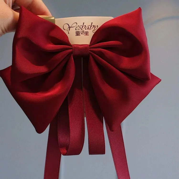 新款缎面飘带大蝴蝶结发夹女童过新年酒红气质后脑勺夹子头饰