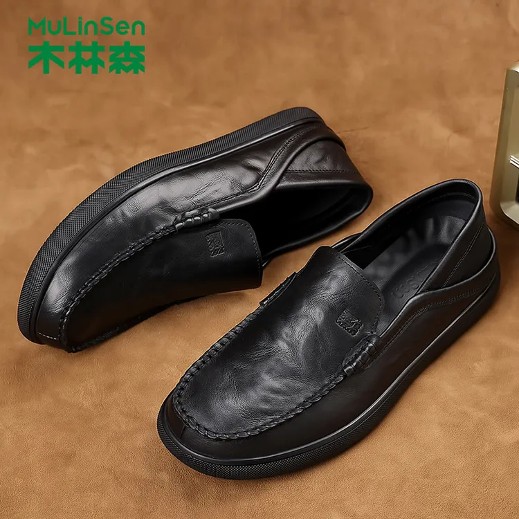 木林森男鞋乐福鞋软皮一脚蹬结婚棕色套脚西装百搭新郎商务中老年