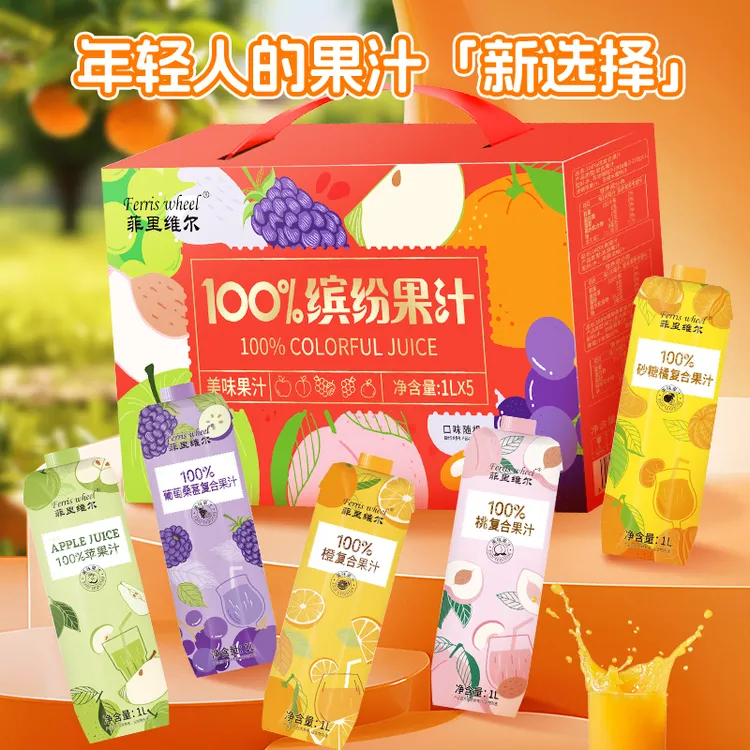 菲里维尔100%缤纷果汁礼盒装苹果汁葡萄桑葚桃汁美味果汁1L*5瓶