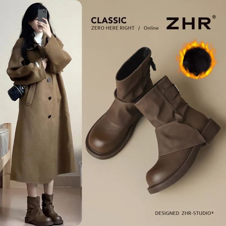 ZHR西部骑士靴堆堆短靴新款短靴女爆款洋气上档次高端勃肯马丁靴