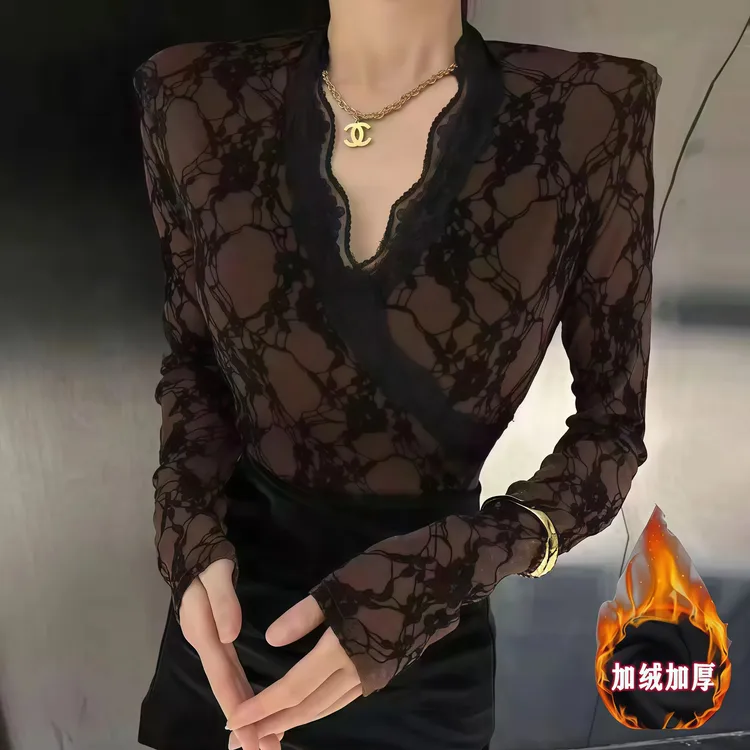 【加绒内搭】秋冬加绒长袖蕾丝显胸纯色气质内搭修身时尚交叉打底衫
