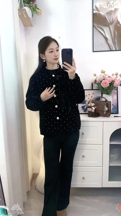 冬季新款立领雪尼尔银点蝴蝶结睡衣洋气长袖秋冬家居服上衣套装