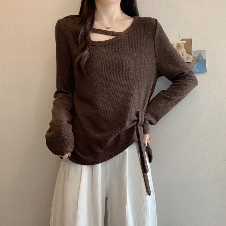 大码胖mm不规则镂空绑带遮肉长袖T恤女秋冬设计感宽松显瘦上衣潮