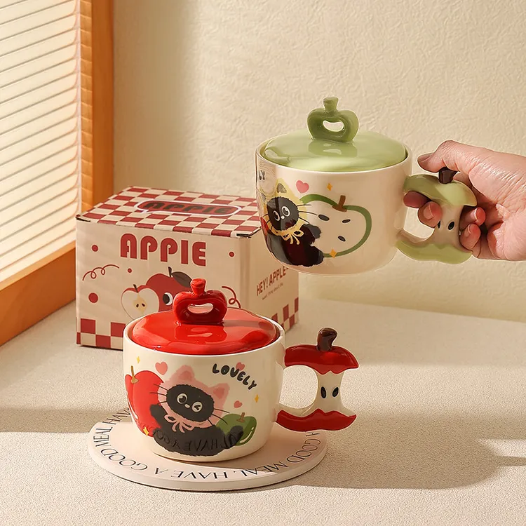 小猫苹果陶瓷杯带盖女士高颜值马克杯可爱情侣对杯早餐杯子办公室