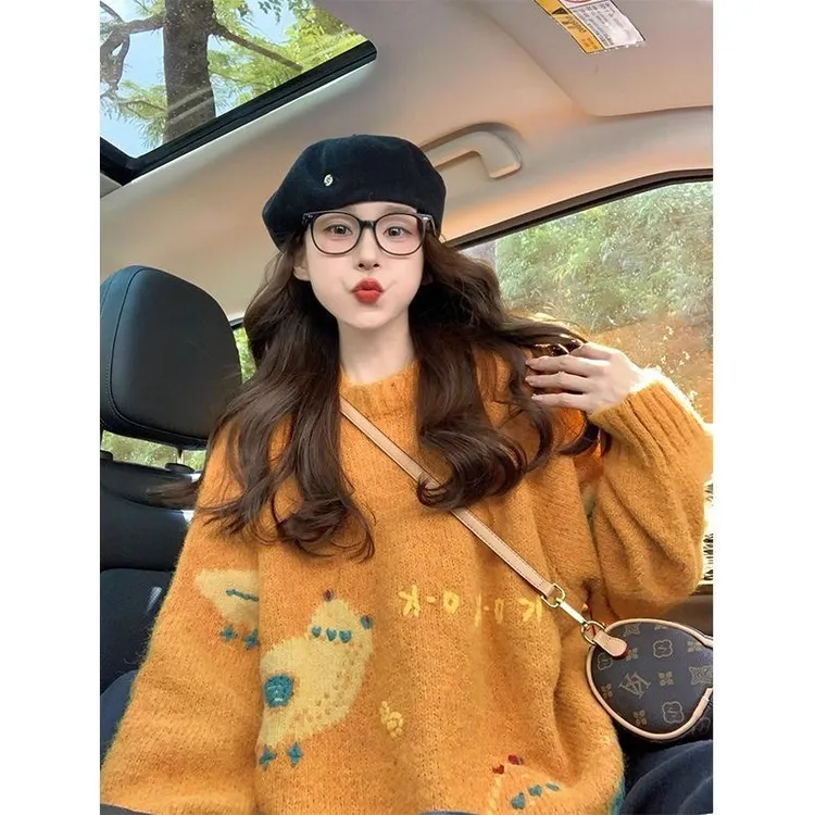 软糯针织衫小黄鸡毛衣女秋冬新款复古减龄宽松慵懒