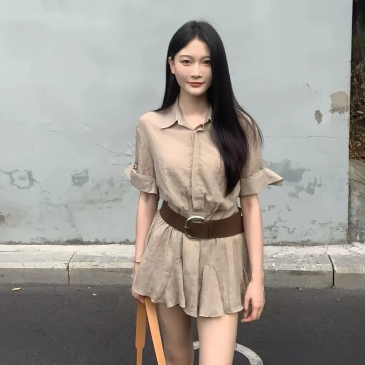老钱风POIO领气质连衣裙女装夏季显瘦衬衫裙卡其色短裙高腰A字裙