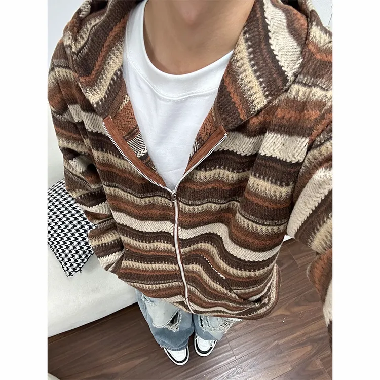 HandSeven美式复古条纹毛呢连帽卫衣情侣秋季拼接撞色外套上衣