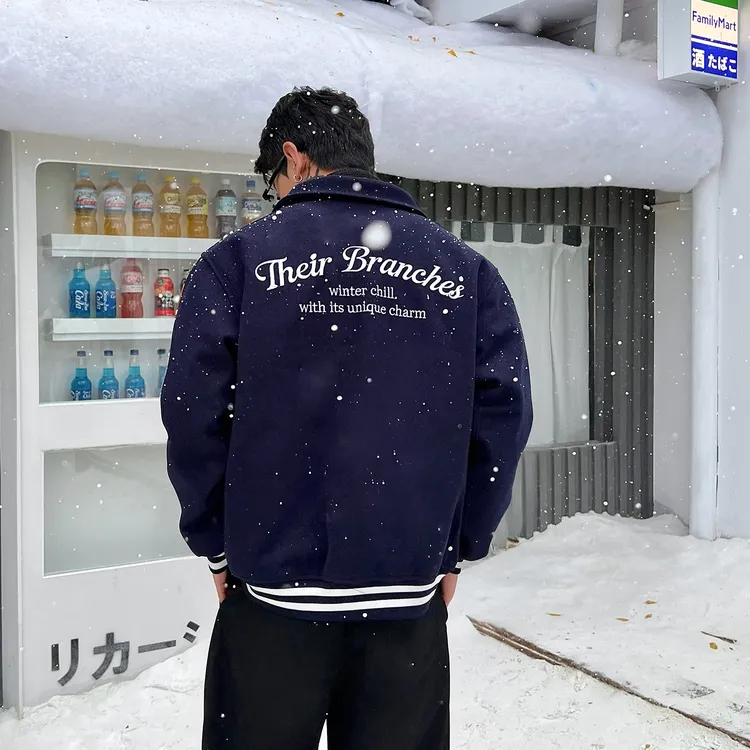 OXFREAK「美式字母刺绣」海军蓝棒球棉服男冬季保暖加厚飞行外套