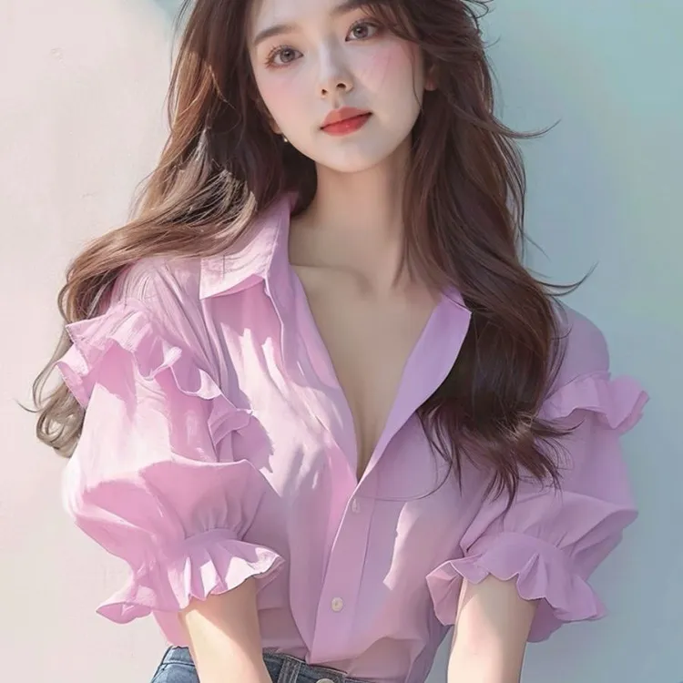洋气减龄上衣漂亮新款2024小衫短款小个子百搭紫色衬衫女夏季新款