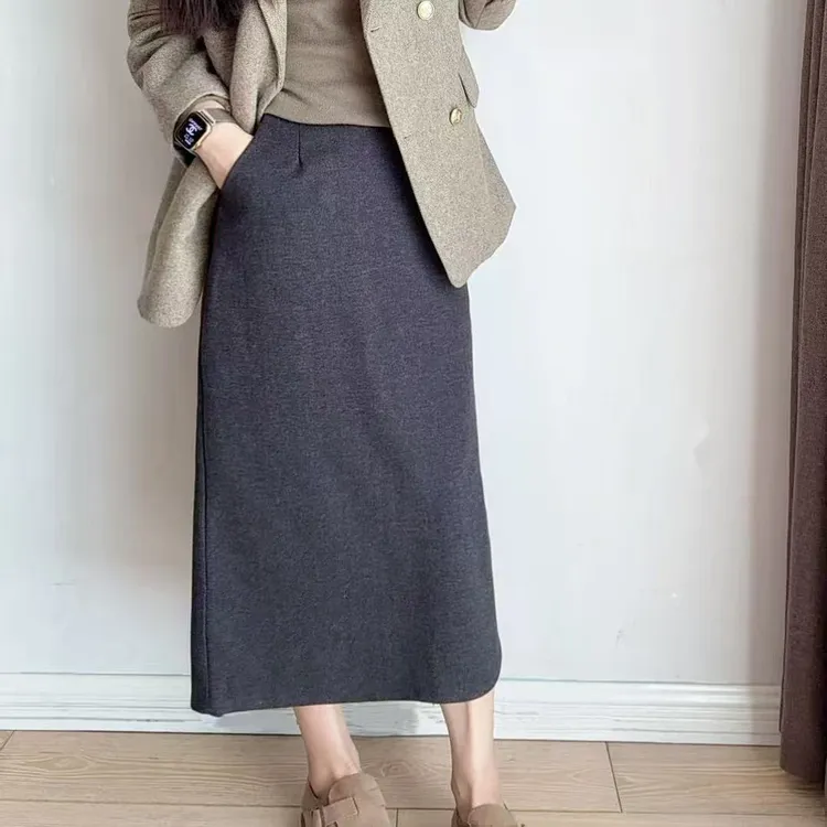 秋冬毛呢后腰松紧通勤气质口袋一步裙后开叉半身裙高腰中长款半裙