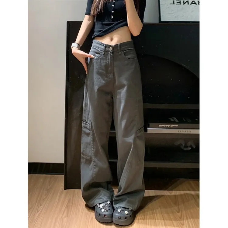 雪千羽美式灰色工装阔腿牛仔裤女2025秋季新款高腰显瘦宽松直筒裤