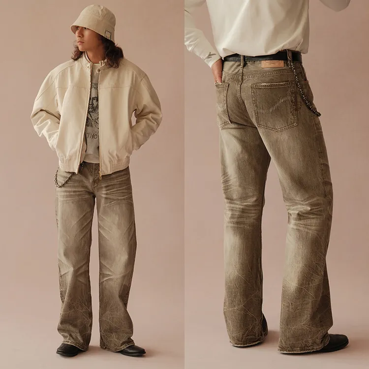 窄幅丹宁王蛇穴卡其绿染赤耳立体压褶水洗705m宽松阔腿裤 MBBCAR