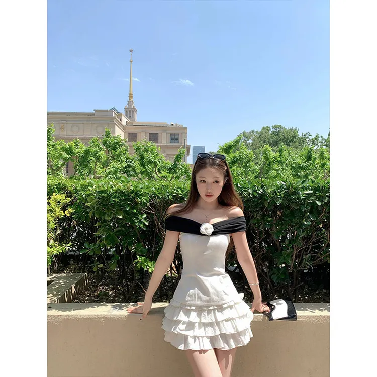 纯欲性感辣妹风穿搭2025夏季新款小个子一字领花朵上衣蓬蓬裙套装