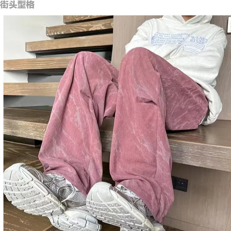 灯芯绒裤子男春冬季新款潮牌褶皱伞兵裤大码宽松直筒阔腿休闲长裤