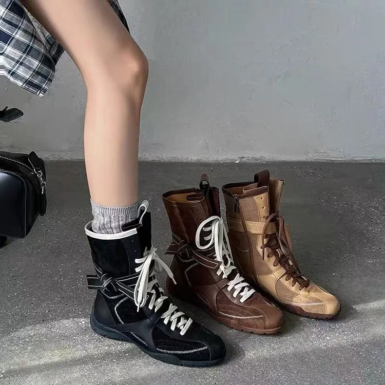 复古德训马丁靴女2025秋季新款休闲运动短靴百搭圆头中筒西部靴女