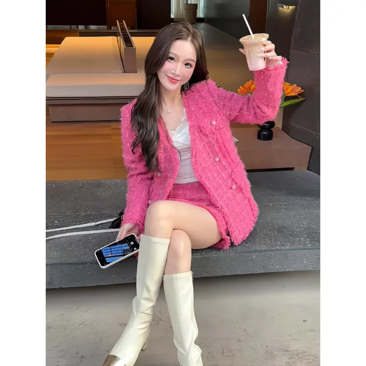 2025秋冬新款小香风高级感名媛气质樱粉短外套 阔腿短裤两件套装