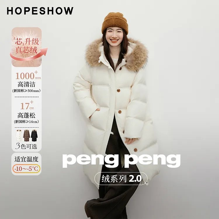 红袖2025冬季新款女装  复古风可拆毛领连帽羽绒服90125320922