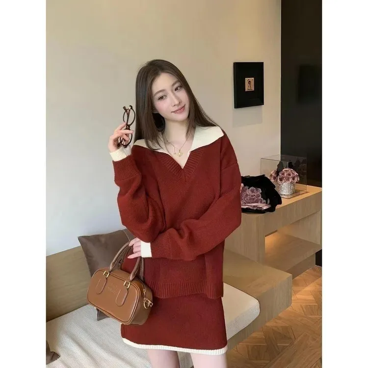 2025爆款韩系气质秋季显瘦年轻气质两件套百搭复古港风毛衣半身裙
